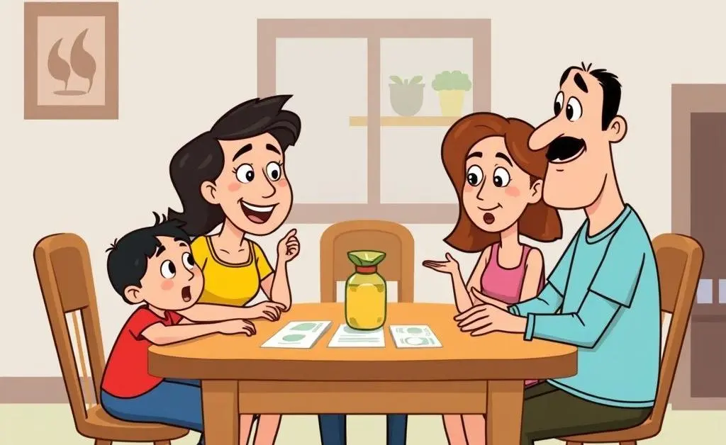 Family gathered around a table discussing their monthly budget.