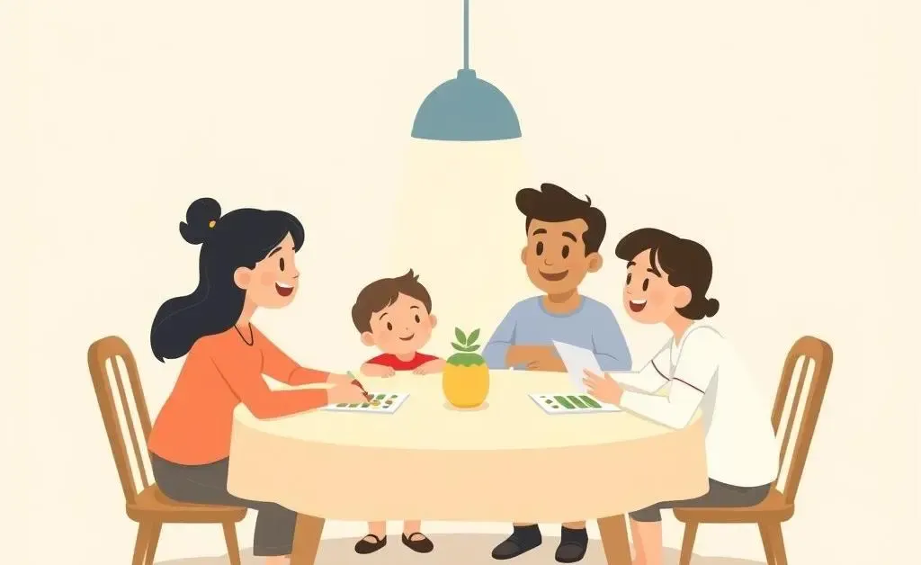 A family sitting around a table discussing budget plans
