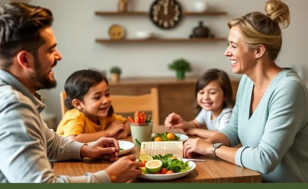 Family sitting at a dining table, smiling, discussing their monthly budget