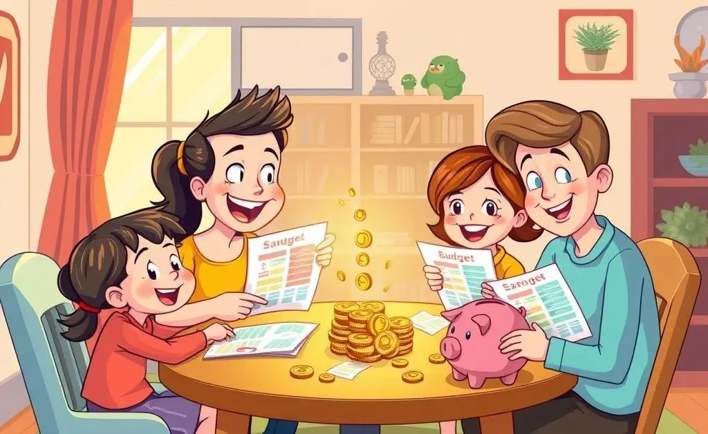 A cartoon-style family discussing their budget at a table