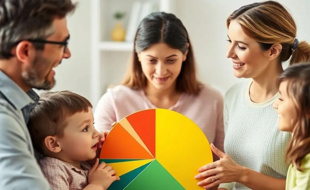 A family looking at a pie chart showing healthcare costs as their largest expense