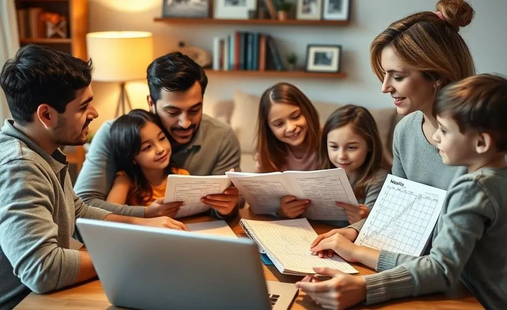 A family gathered around a table planning their budget with a laptop and notepad.
