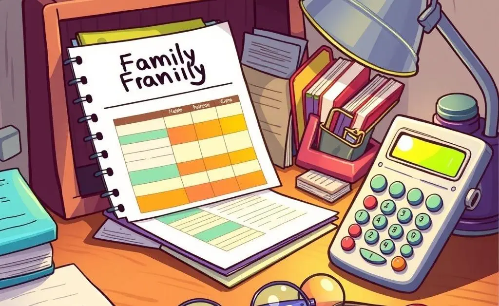 A desk with a colorful family budget planner, calculator, and glasses