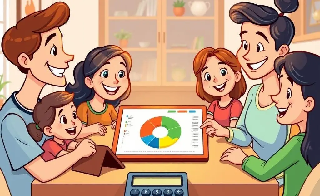 A cartoon family around a table, planning a budget with a pie chart and calculator.