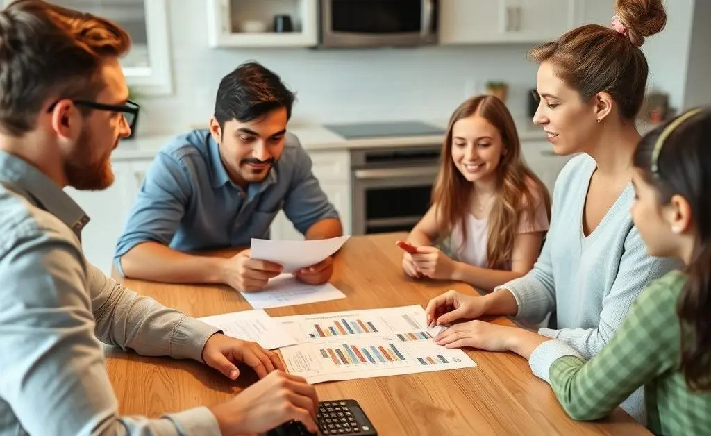 A family gathered around a kitchen table, discussing a budget plan with papers and a calculator
