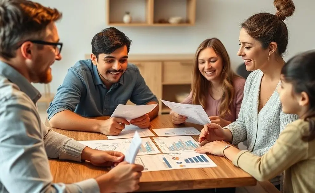 A happy family discussing their budget.