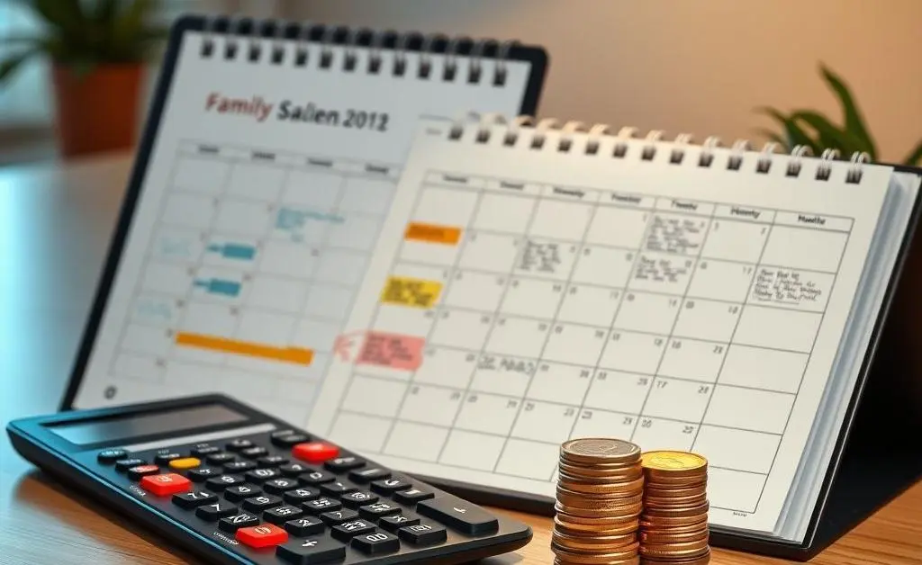 A calendar, a calculator, and a stack of coins representing family budget planning