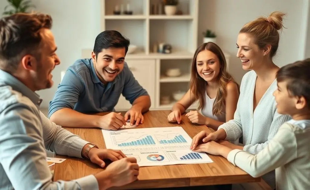 A family sitting together at a dining table, planning a budget.