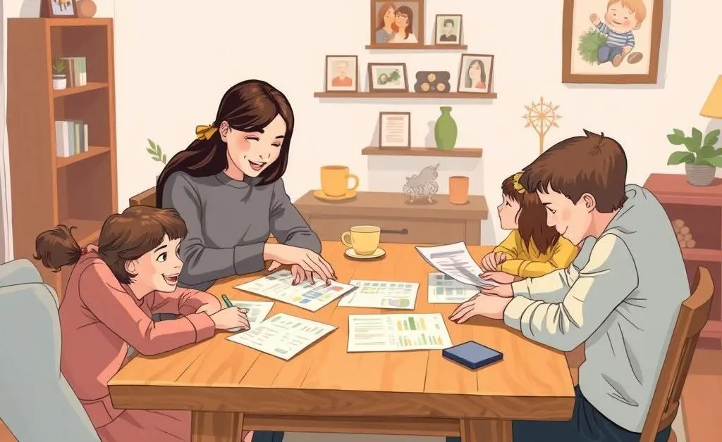 Illustration of a family discussing their budget around a table