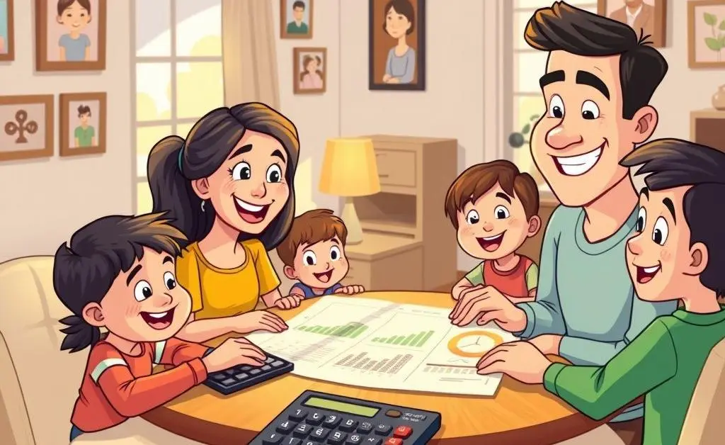 Cartoon-style image of a family sitting around a table with a budget plan and calculator