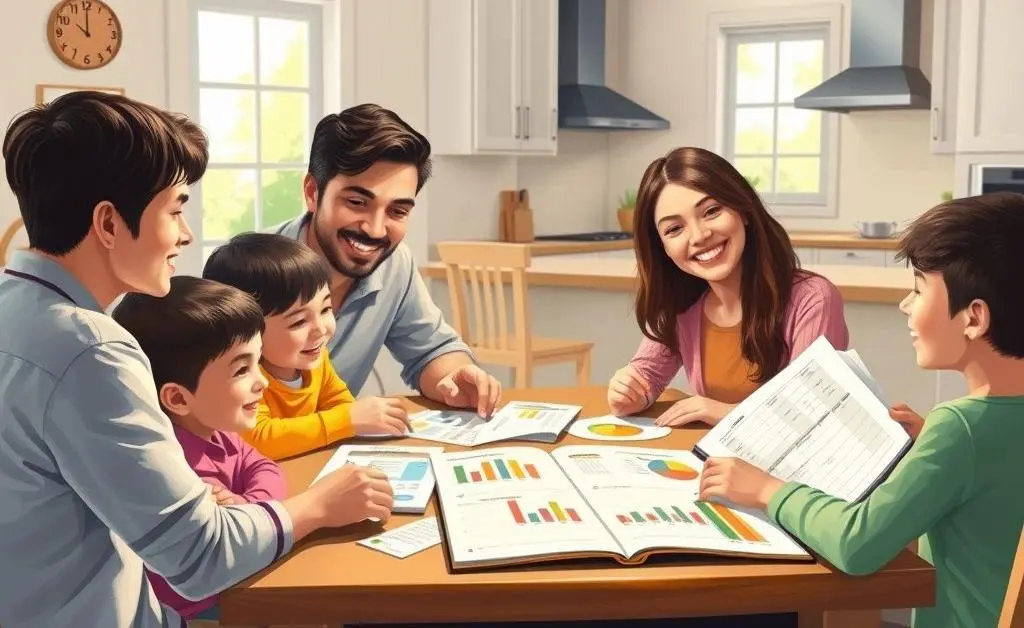 Illustration of a family sitting at a table with a budget planner.