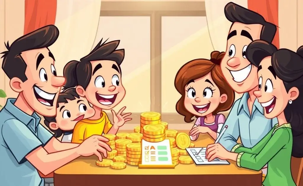 A cartoon family joyfully discussing their budget together