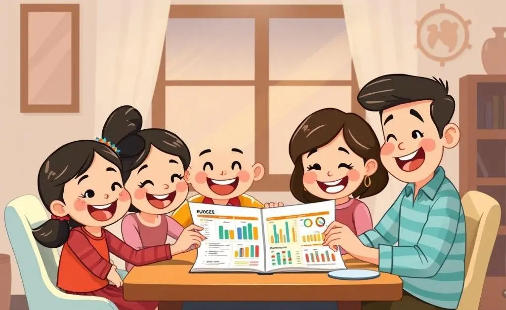 A cartoon family gathered around a table with a budget planner.