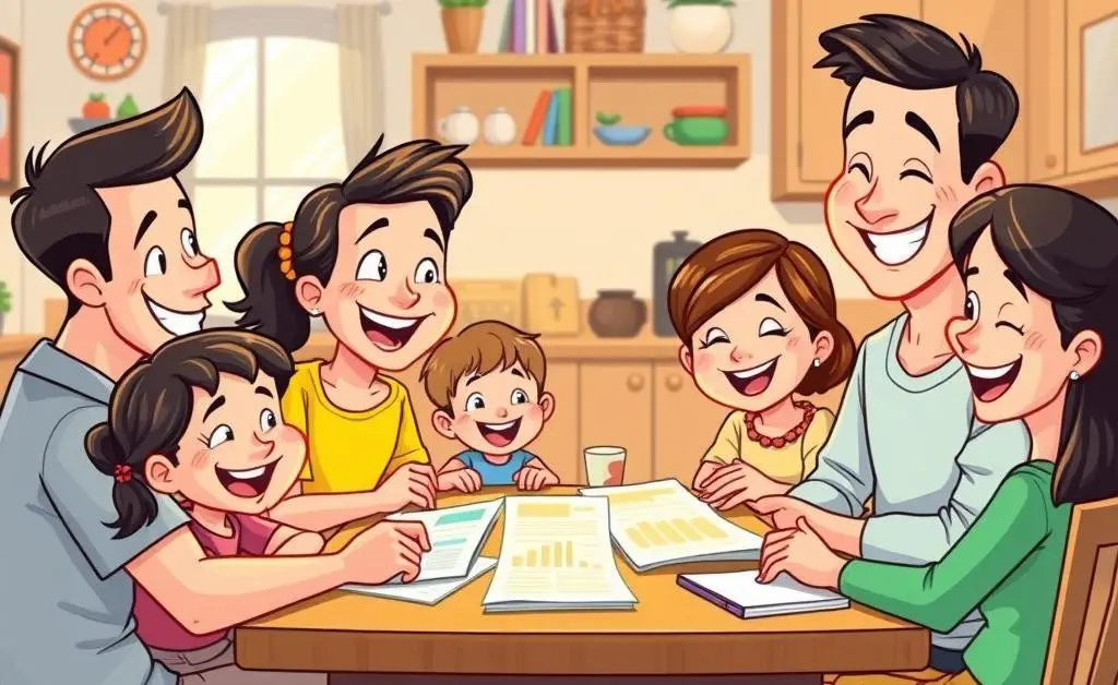 A cartoon family sitting together at a table going over a budget plan with smiles.