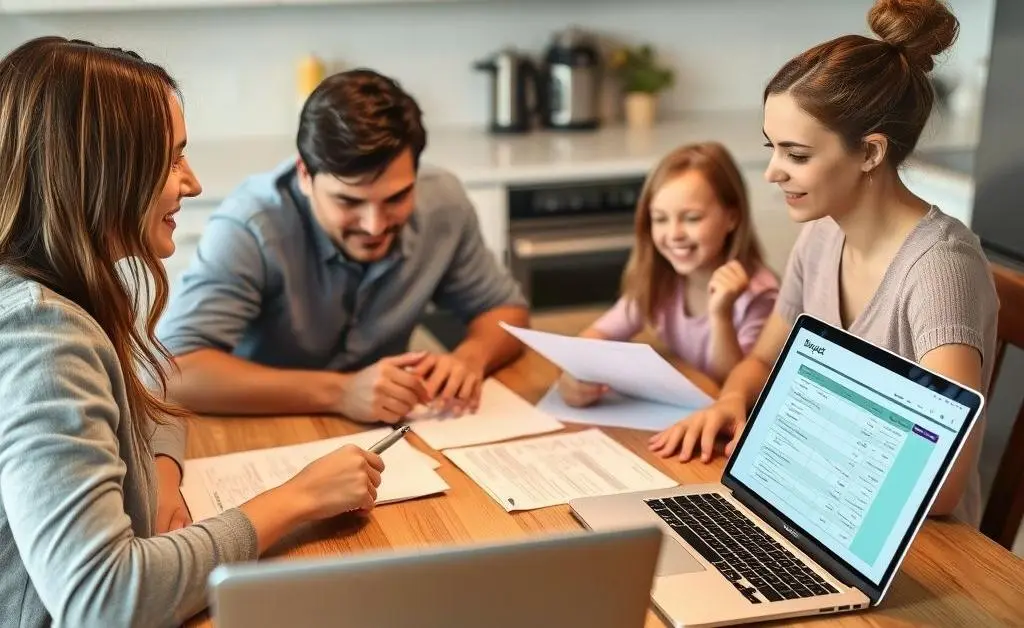 A family sitting at a kitchen table with budgeting sheets and a laptop open.