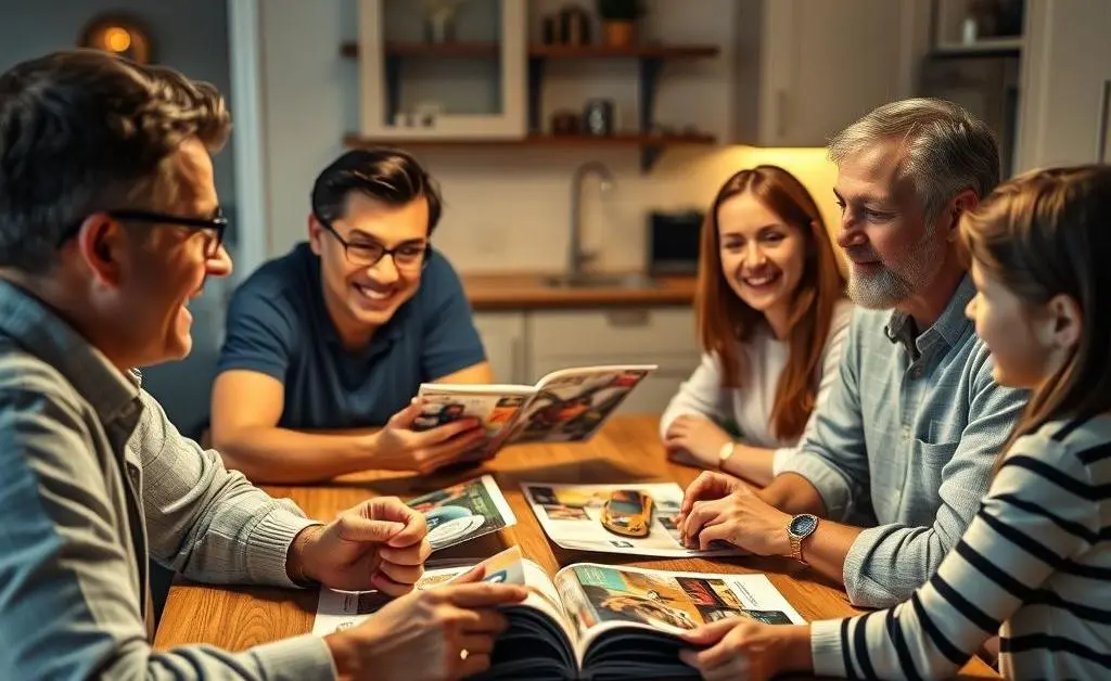 A family discussing purchases while sitting at a kitchen table with car brochures.