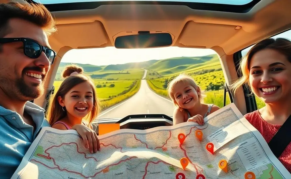 Family on a road trip with a map pinned with expenses along the route