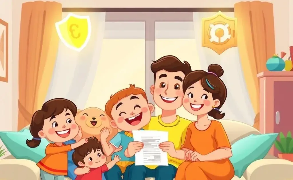 Cartoon family celebrating financial security with insurance