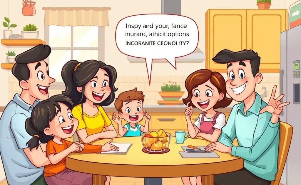 Cartoon of a happy family discussing insurance choices around the kitchen table.