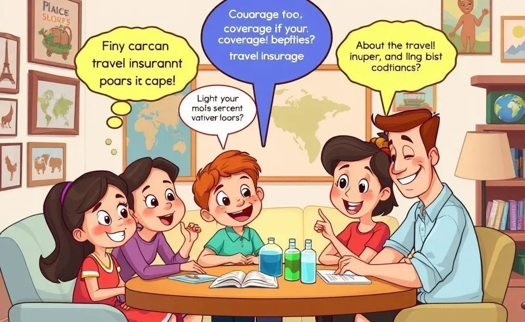 Cartoon family debating between different insurance options.