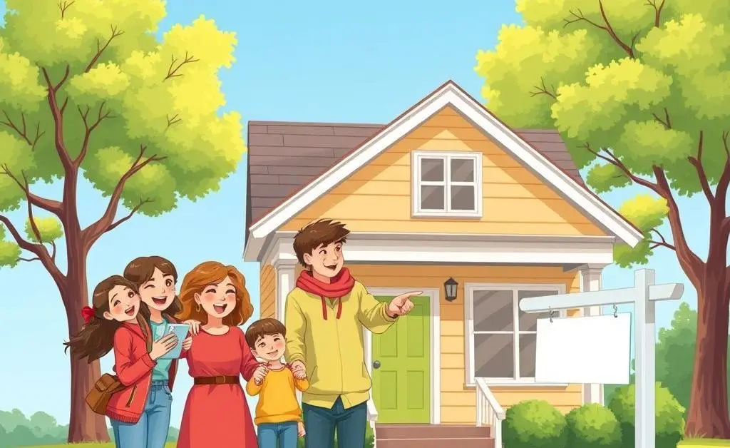 Friendly illustrated family looking excitedly at a house for sale