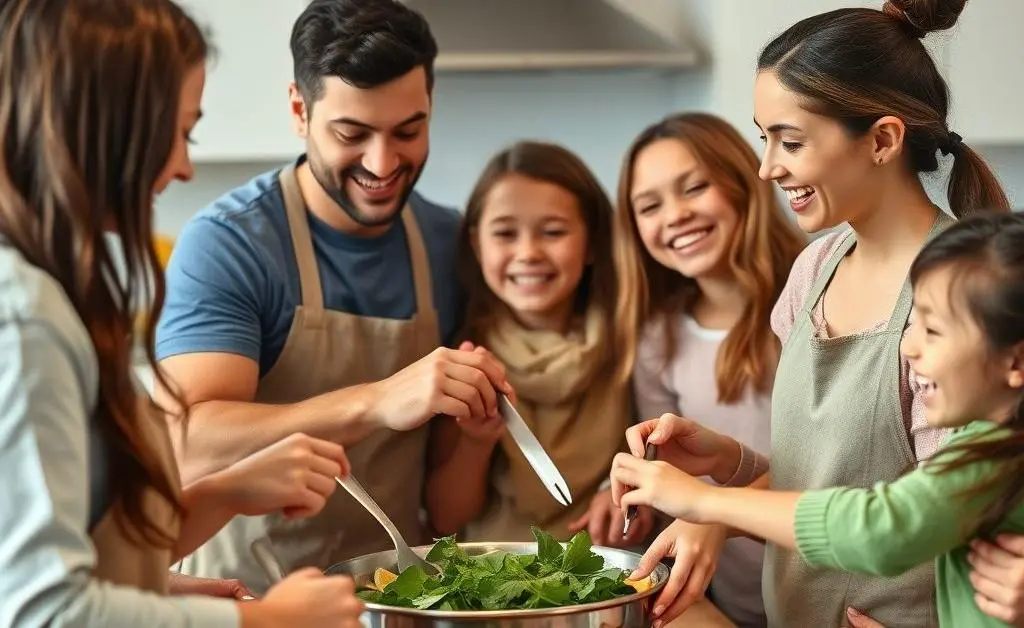 Family cooking together and enjoying the experience