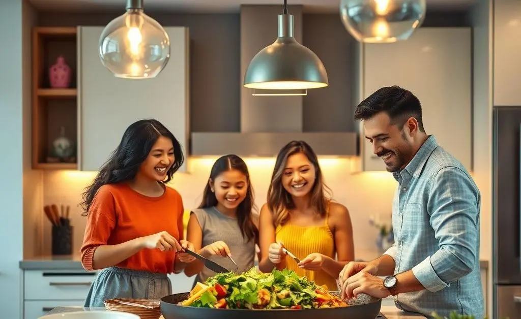 A family joyfully cooking together in a stylish kitchen