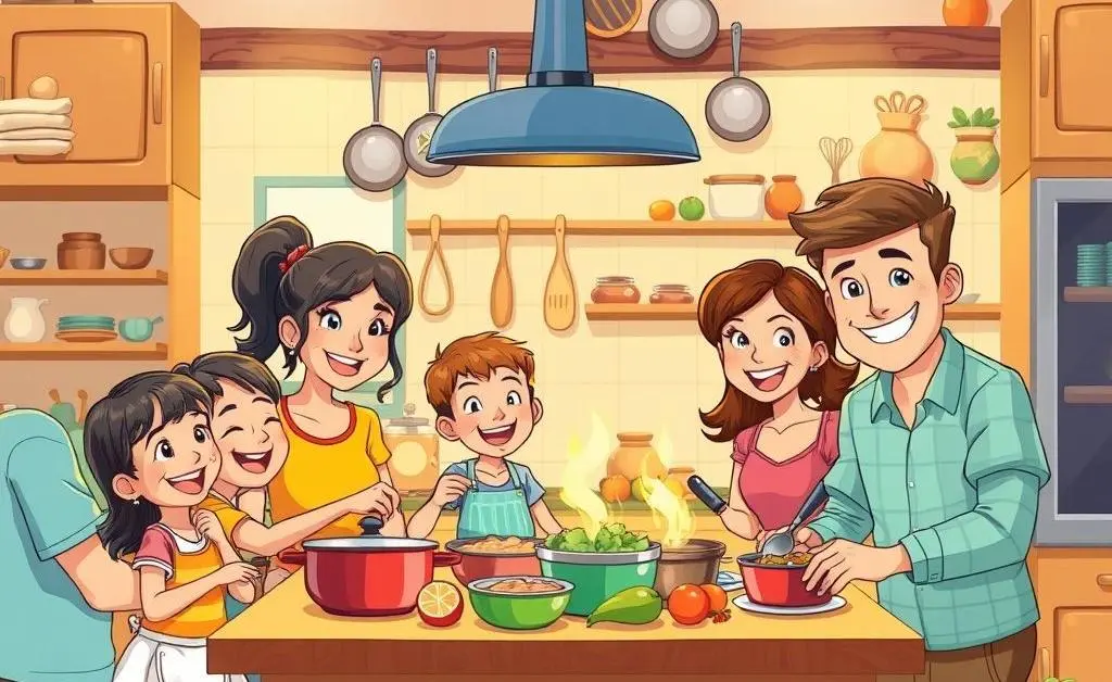 Cartoon-style image of a family cooking together in a warm and friendly kitchen setting.