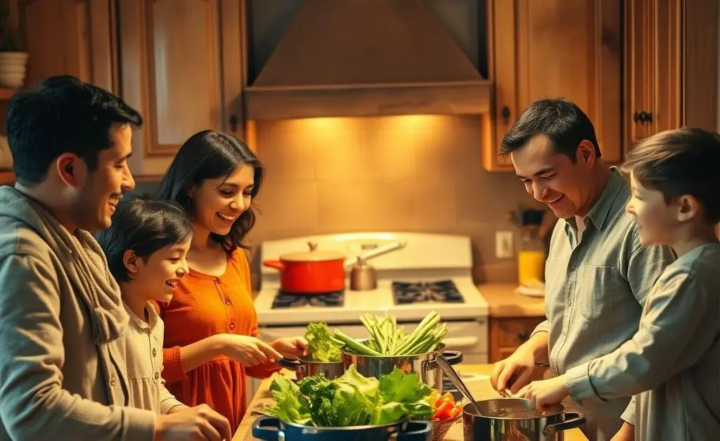 A family cooking together in a cozy kitchen, smiling and enjoying each other's company