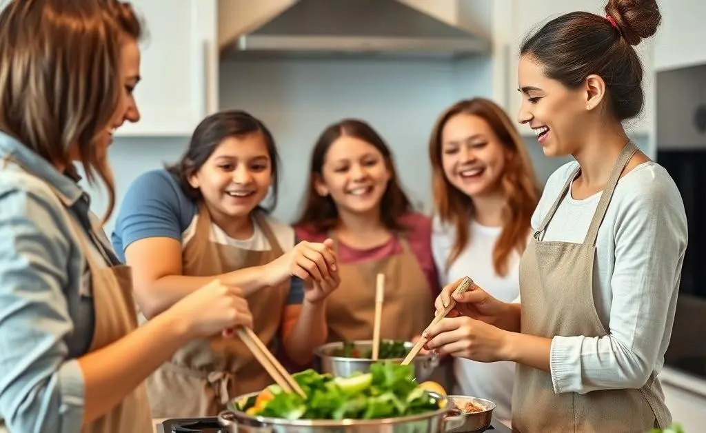 A family happily cooking together in the kitchen, showing teamwork and fun.