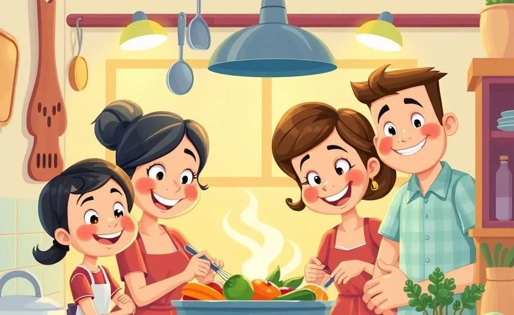 A family happily cooking together in a kitchen