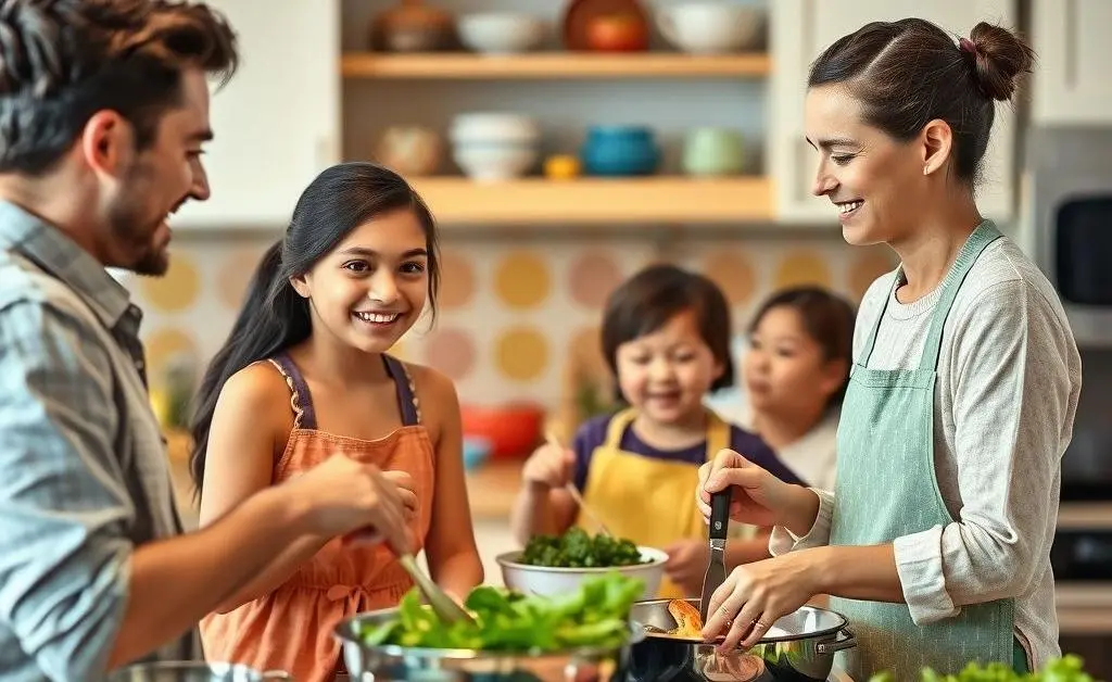 A family happily cooking together in a colorful, homey kitchen