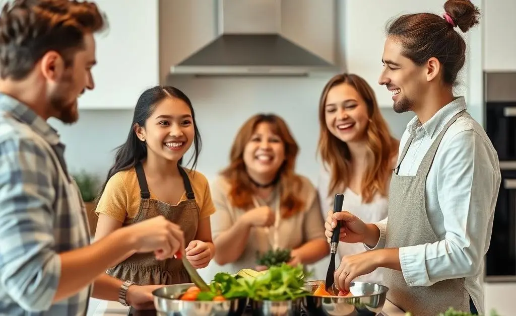 A family joyfully cooking together in a modern kitchen.