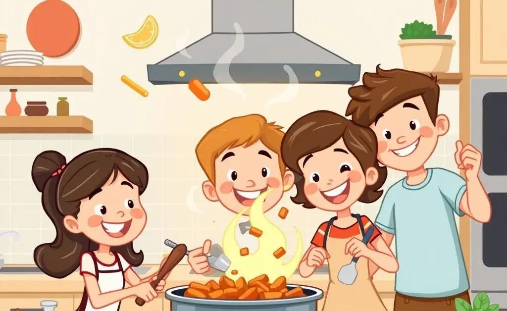 A family cooking together in a kitchen