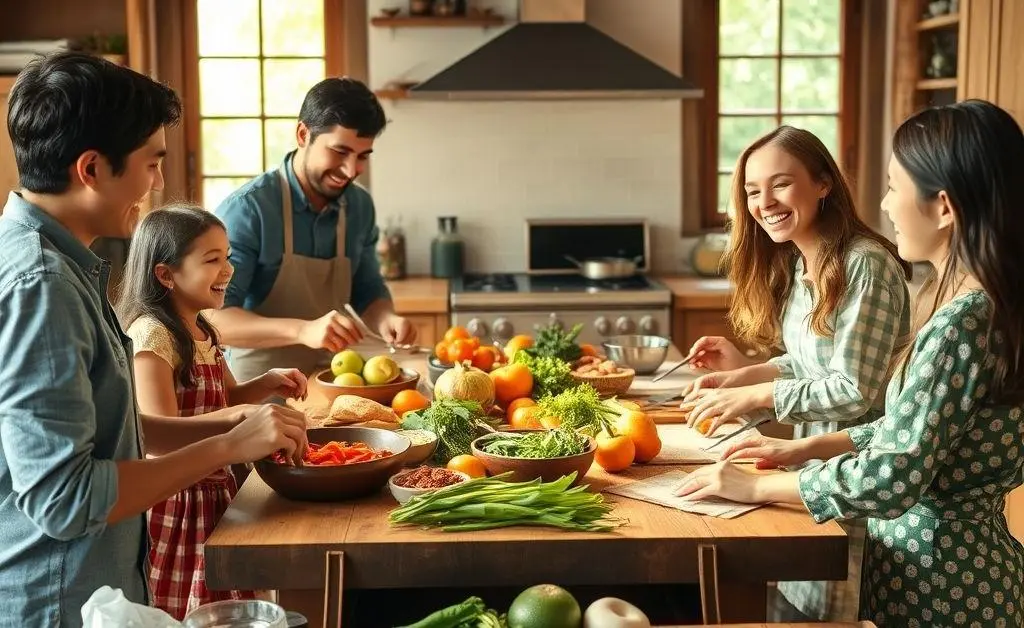 A family gathered around the kitchen table, cooking together and laughing