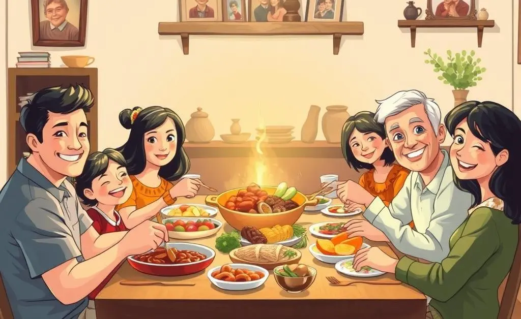 A family enjoying a home-cooked meal at a dining table
