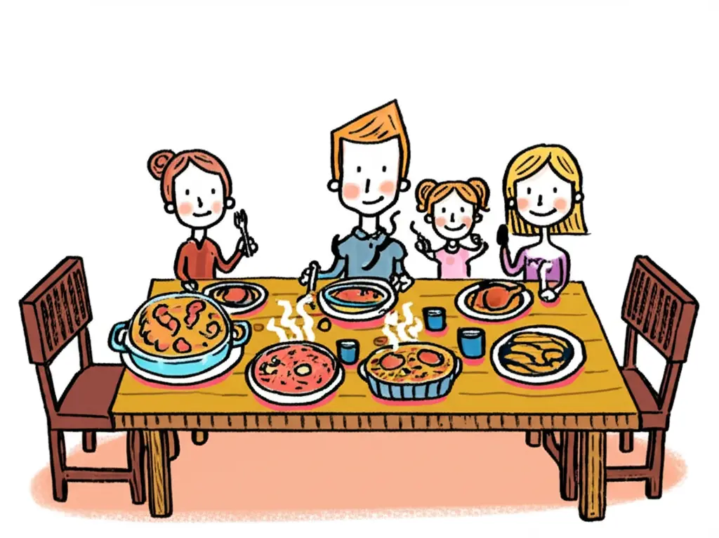 Family enjoying a home-cooked meal around a table