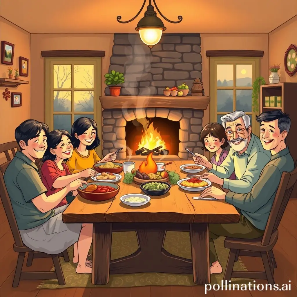 Illustration of a family having dinner together at home.