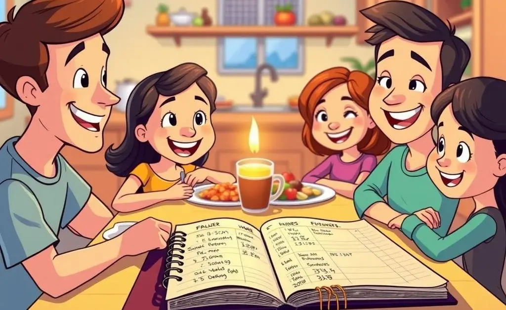 A cartoon of a family enjoying dinner at home with a budget planner on the table.