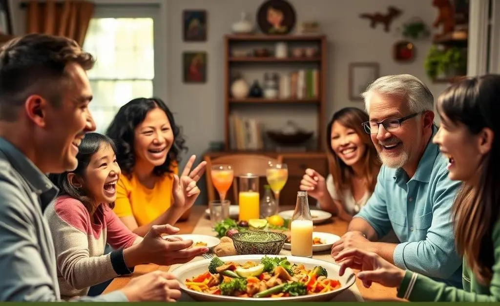 Family conversation about savings at the dinner table.
