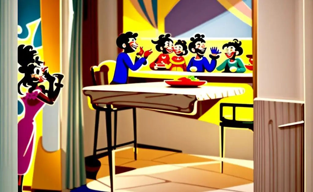 Cartoon family having a lively discussion over dinner.