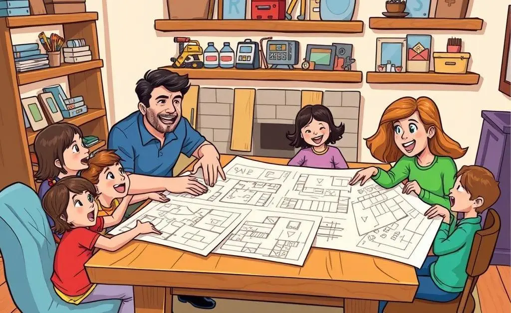 Family discussing basement renovation plans