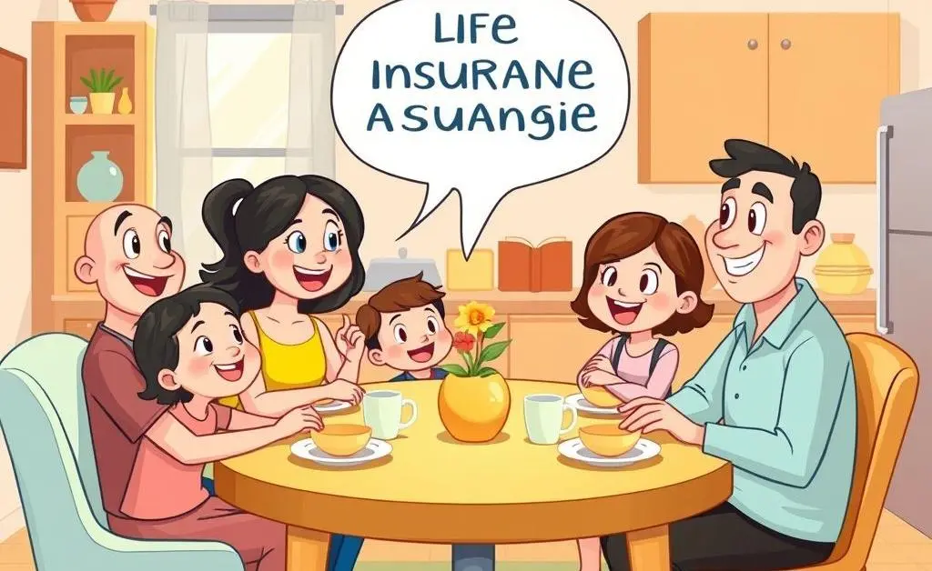 Family discussing life insurance benefits around a dining table