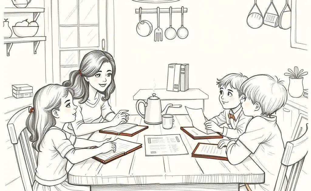Family discussing a budget plan at the kitchen table