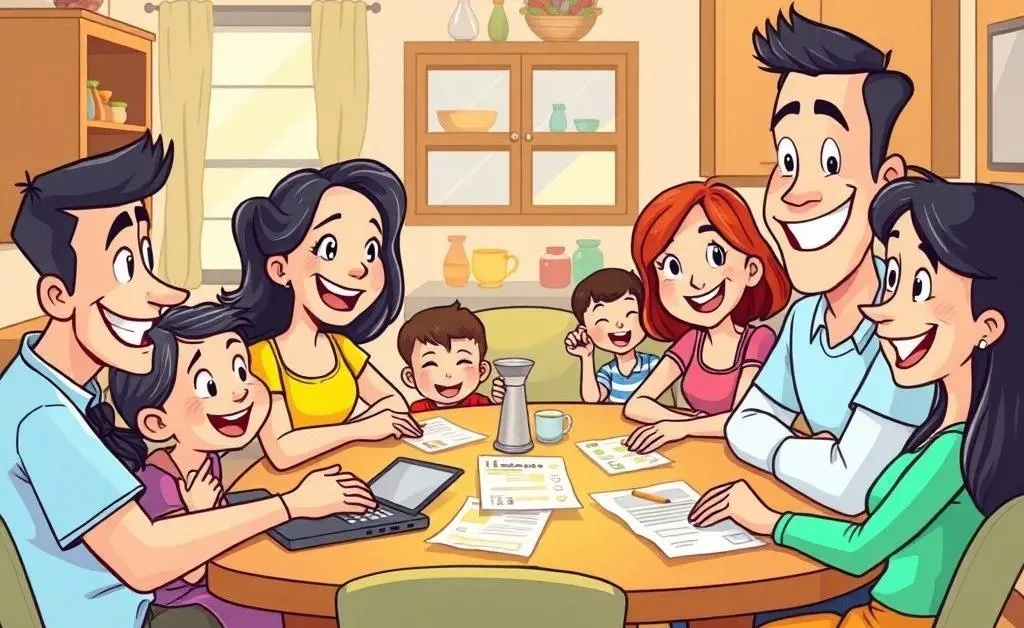 Family sitting around a table discussing their car insurance budget.
