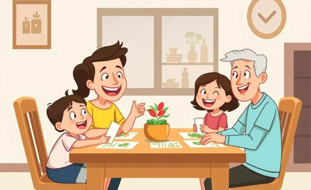 A family discussing their household budget at a dining table.