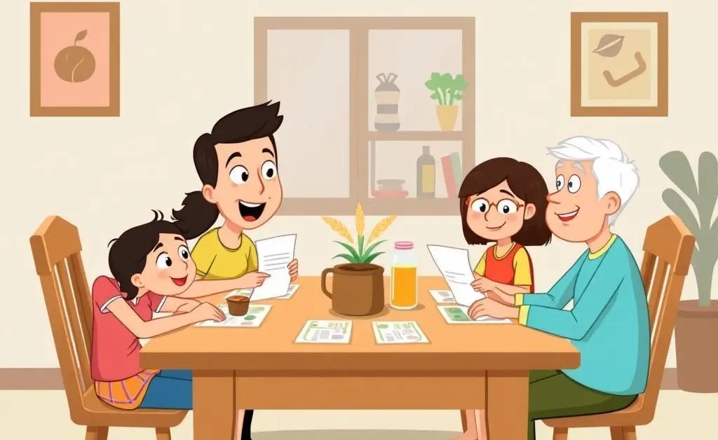 A cartoon-style family discussing budget plans.