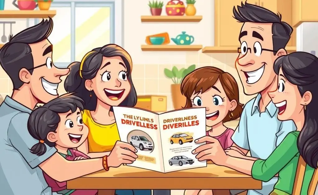 A cartoon-style depiction of a family sitting at a kitchen table with a driverless car pamphlet, engaging in discussion