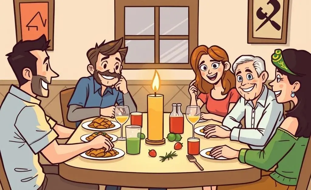 A friendly family dinner with characters discussing economics, representing a lighthearted anecdote.