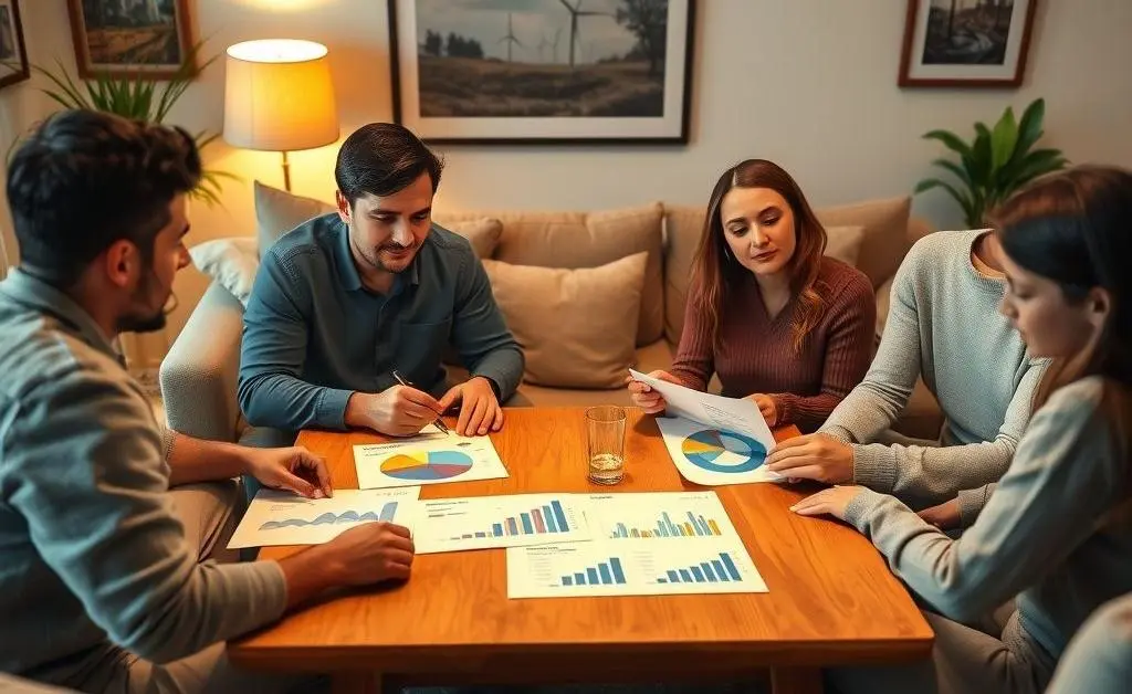 A family in a living room discussing energy investments, with charts and graphs on the table.